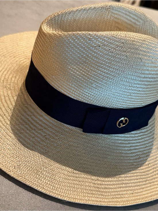 Gucci Accessories - Gucci Straw Panama Hat with Black Ribbon and Gold Logo